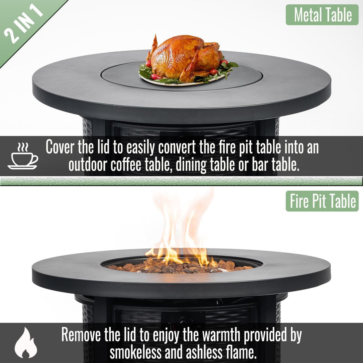 GDFStudio 30" Round Propane Fire Pit Table, 50000 BTU Outdoor Gas Heater with Steel Top & Wicker Base, for Patio, Deck, Garden, Black