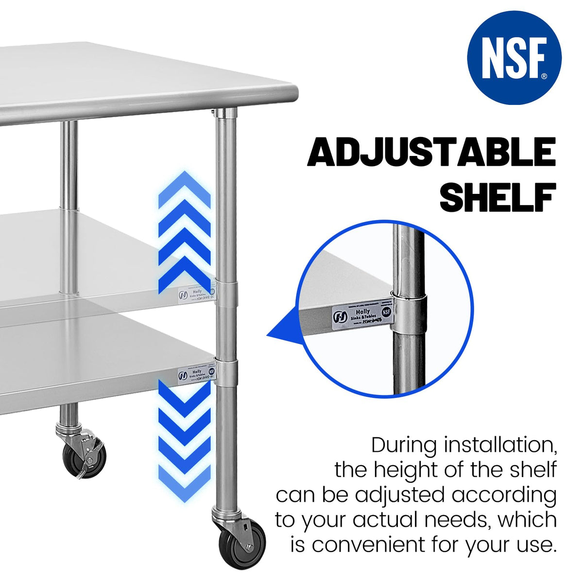 Hally Stainless Steel Table for Prep & Work 24 x 36 Inches with Caster Wheels, NSF Commercial Heavy Duty Table with Undershelf and Galvanized Legs for Restaurant, Home and Hotel