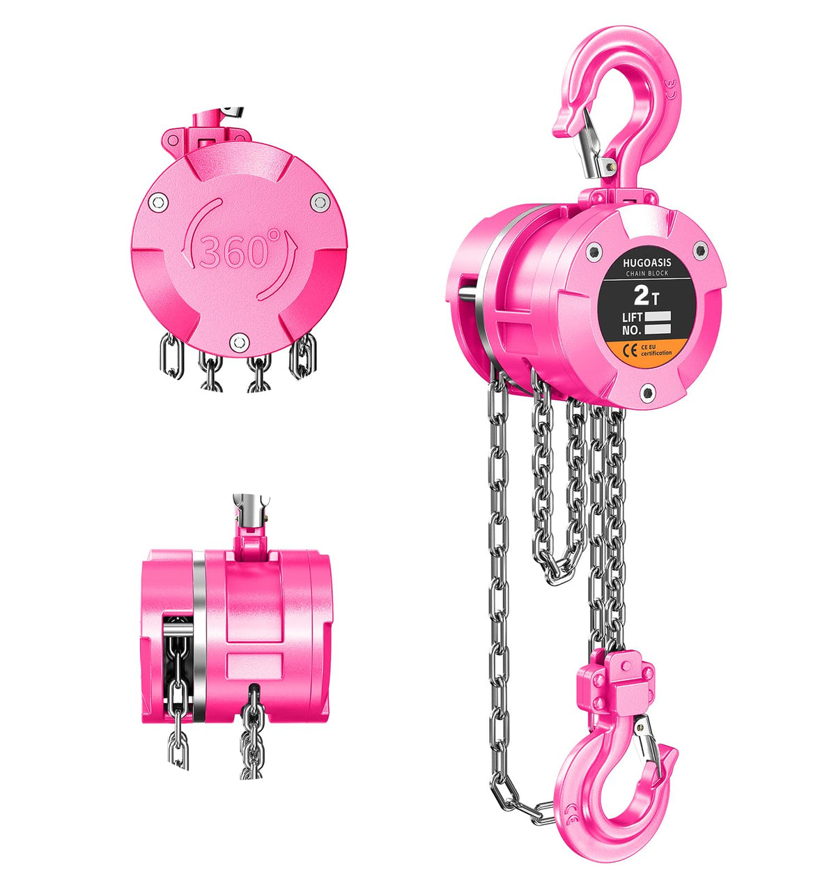 HUGOASIS Aluminum Alloy Hand Chain Hoist 2 Ton 4400lbs Capacity 10ft,Portable Dual Brake Chain Block with Galvanized Chain, 360° Swivel Hook for Garage Warehouse Construction, Workshop Lifting,Pink