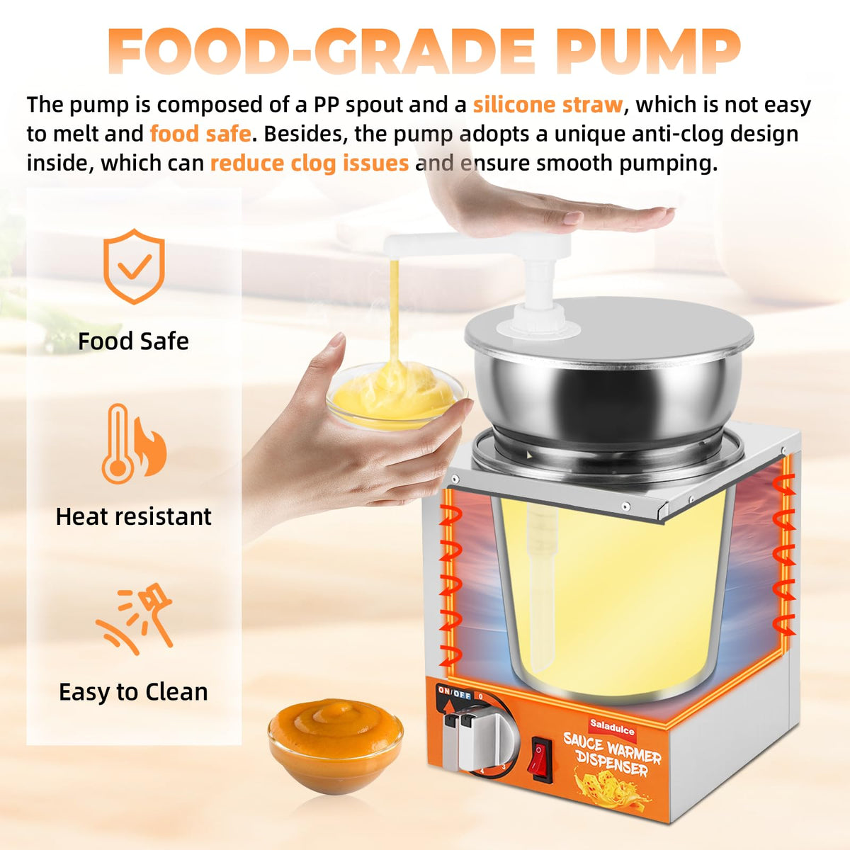 Saladulce Nacho Cheese Dispenser with Pumps, Nacho Cheese Warmer Hot Fudge Dispenser Warmer 5-Level Insulated Pump Dispenser for Sauce Cheese Fudge Caramel (4.2Quarts)