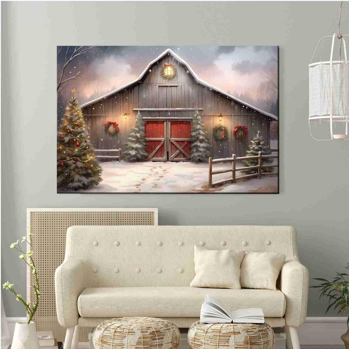 Canvas Wall Art Christmas Tree Farm Wall Art Winter Barn Print Snowy Barn Painting Rustic Farm Picture Farmhouse Winter Print 12x18in-UnFramed