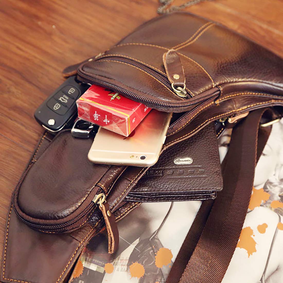 KPYWZER Vintage Leather Sling Bag Bags for Men Women Backpack Shoulder Messenger Crossbody Outdoor Travel Hiking Camping Tactical Chest Pack Daypack Brown