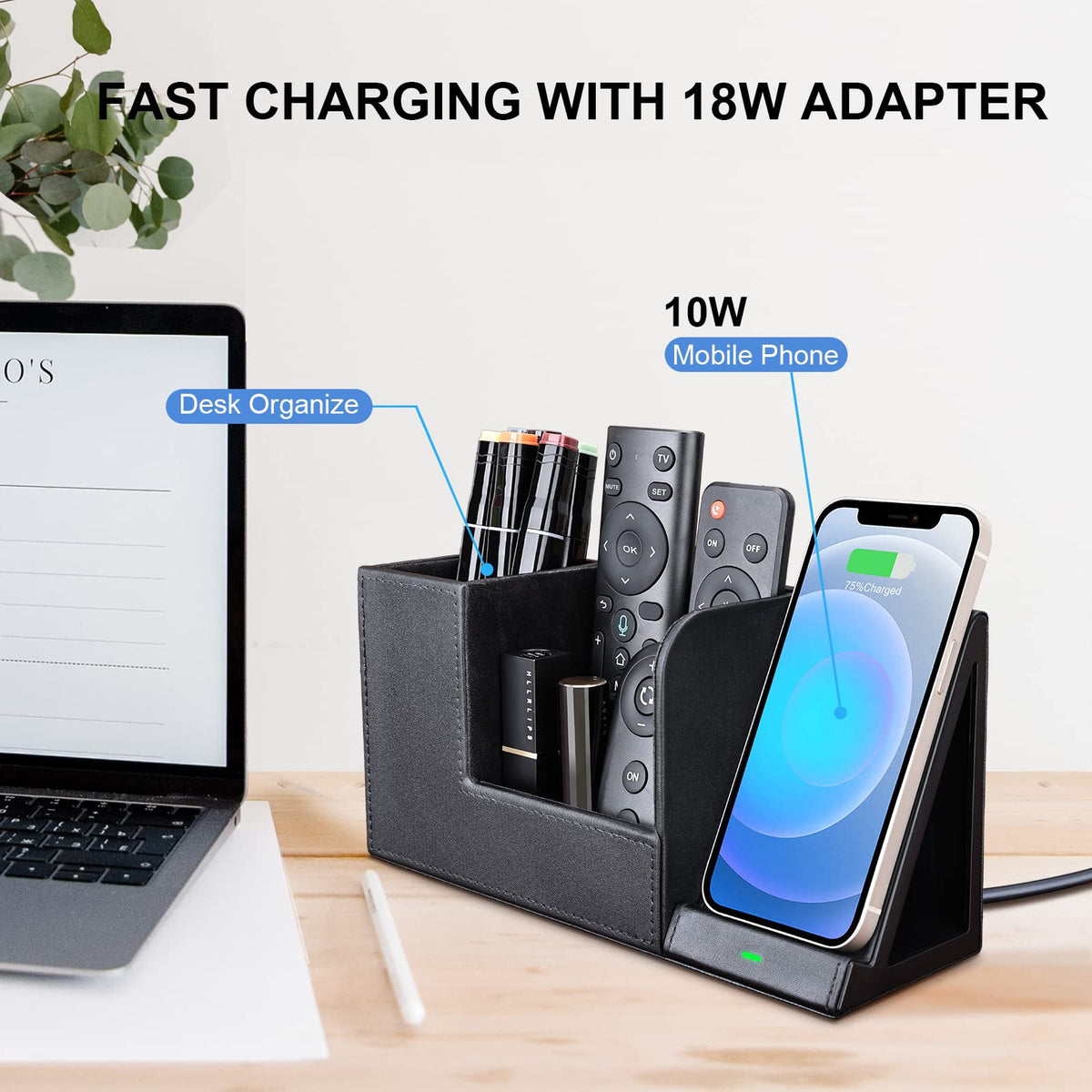 Wireless Charger with Desk Organizer, Wireless Charging Station for iPhone 13/13 Pro Max/13 Pro/12 Series/11/XS Max/XR/X/8Plus/SE 2, Wireless Charging Stand with Leather… (Black L)