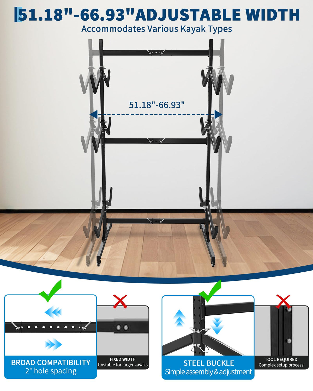 ActiveTrail Freestanding Kayak Storage Rack for 6 Kayaks with Wheels, Heavy-Duty Steel Outdoor Kayak, Canoe & SUP Rack with Hanging Straps for Garage, Dock & Backyard