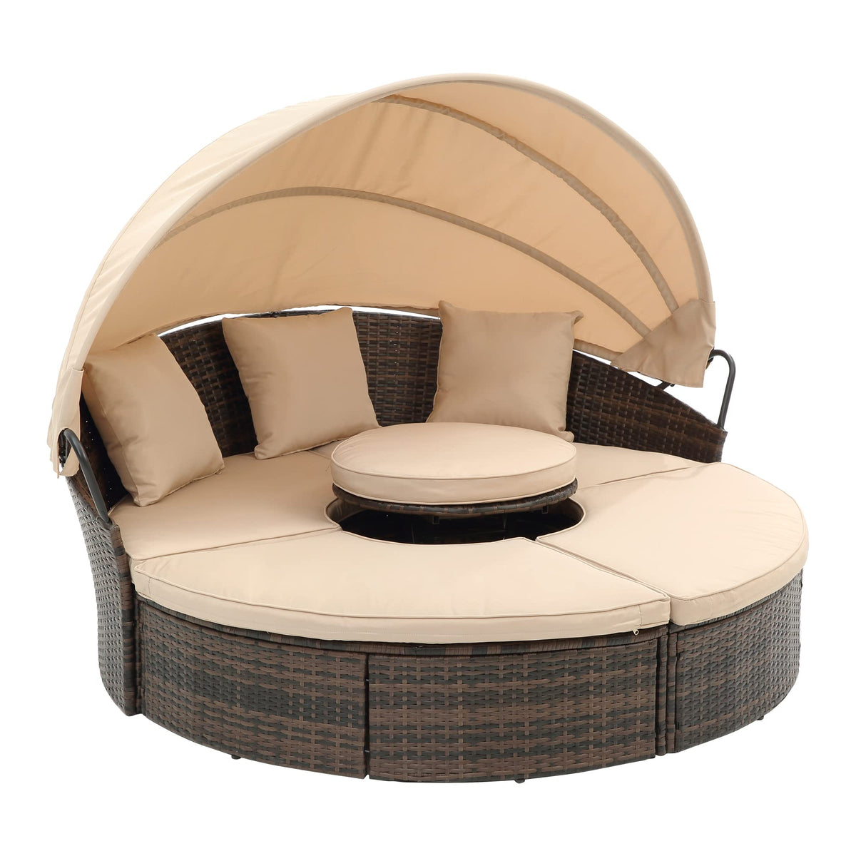 GDFStudio Outdoor Rattan Round Daybed with Canopy, Patio Wicker Lounge Bed with Lift-Top Coffee Table, Clamshell Sectional Seating Sofa Bed with Cushions & Pillows for Garden, Poolside, Beige