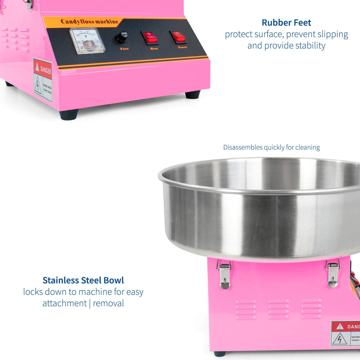VIVO Pink 1030W Electric Cotton Candy Maker, Commercial Candy Floss Machine with 20 inch Stainless Steel Bowl, Includes Bubble Shield Cover and Sugar Scoop, Easy Home Use, CANDY-KIT-1