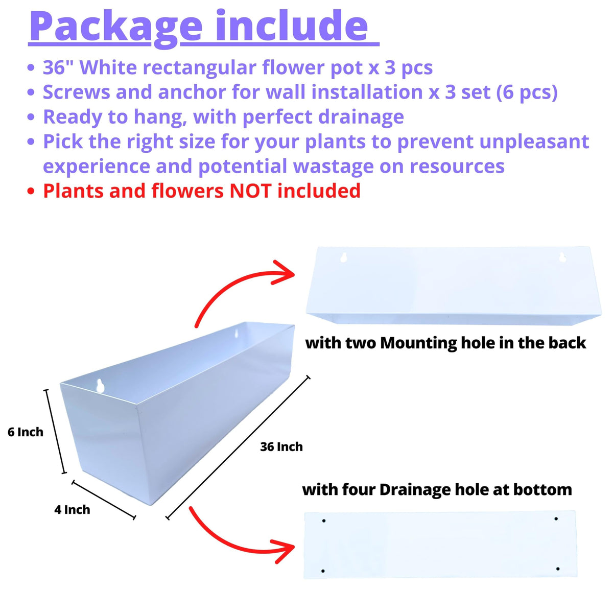 LaLaGreen Wall Planters for Outdoor Plants (36 Inch, 3 Pack) White Carbon Steel Metal Hanging Flower Pots, Long Rectangular Wall Mount Window Box Planters for Succulents, Fence, Deck Home Garden Decor