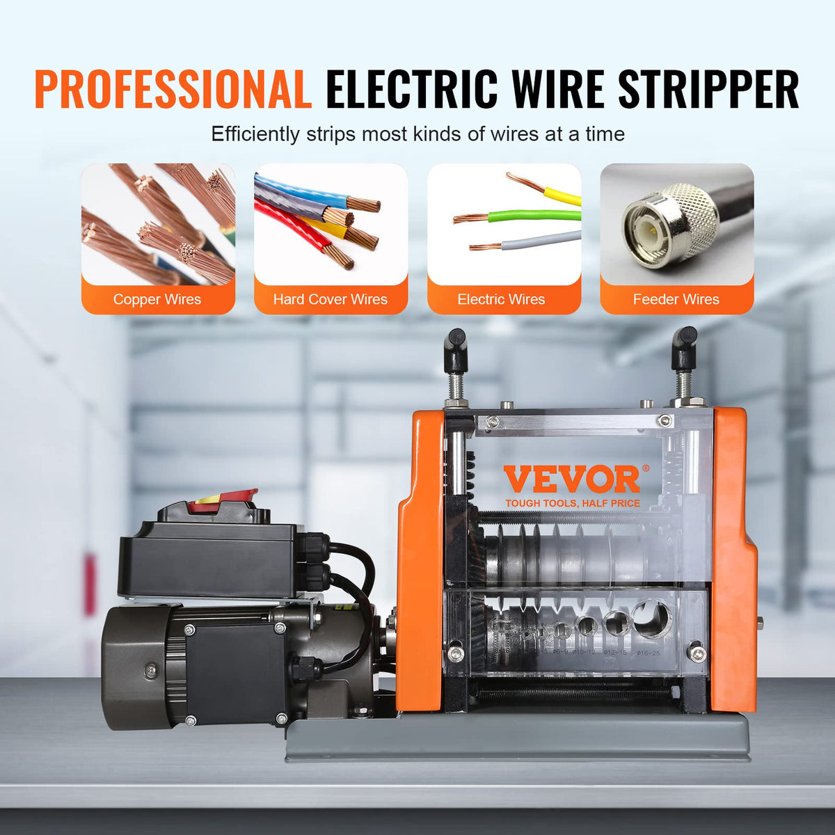 VEVOR Electric Wire Stripping Machine, 0.06''-0.98'' Automatic Wire Stripper Machine, 60 W, Wire Strip with Visible Stripping Depth Reference, 6 Round & 1 Flat Channels Electric Wire Stripper