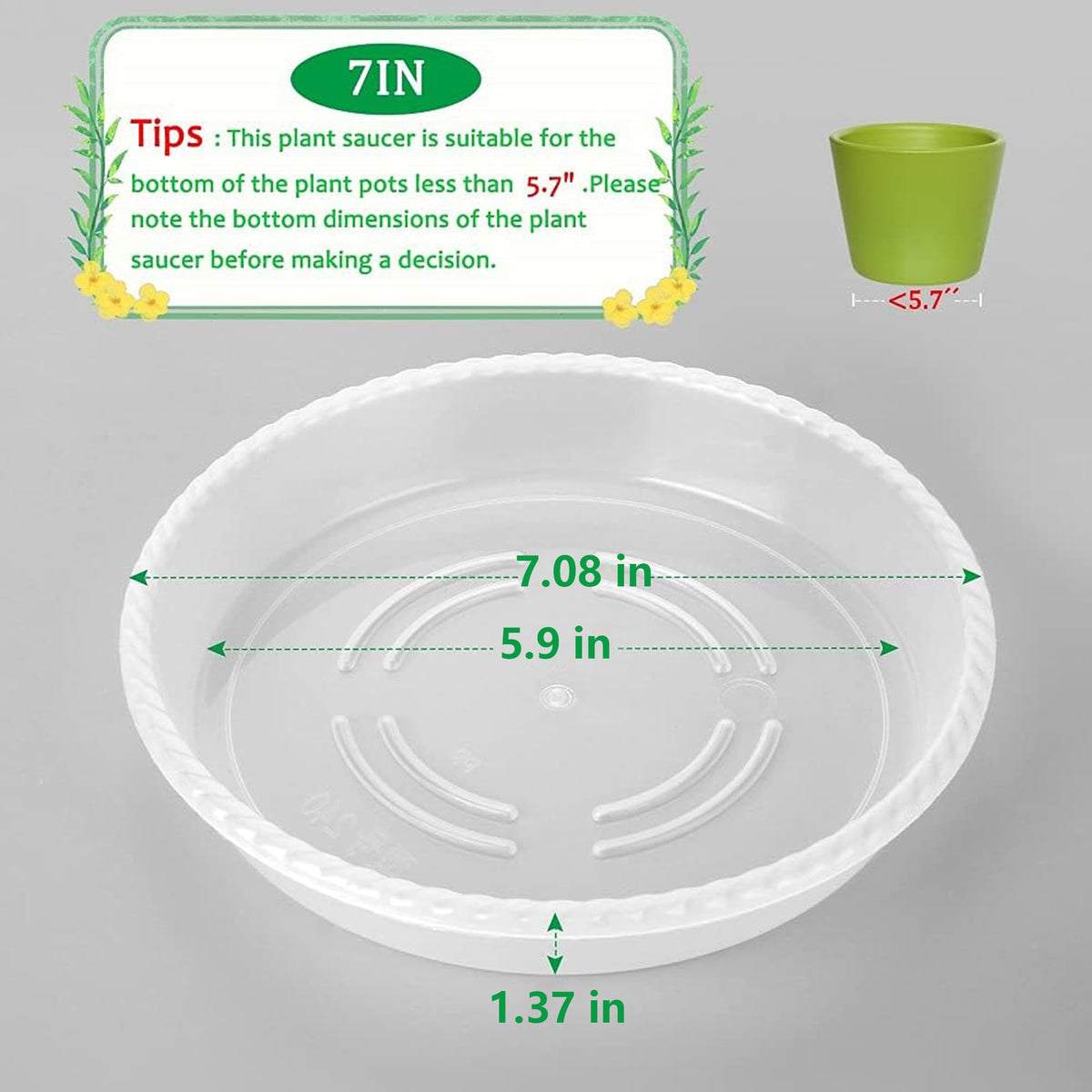 FHWTY 8 Pack of 7 inch Clear Plant Saucer Drip Trays, Plant Tray for Indoor and Outdoor Plants, Thicker & Sturdier & Durable Plastic Plant Saucers Plant Accessories Indoor