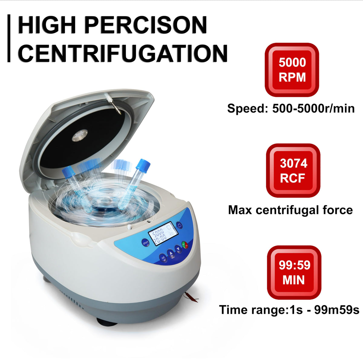 Jackson Global JS-TC-SPINPLUS-8 Digital Bench-top Centrifuge | 500-5000rpm (Max. 3074xg) | LCD Display | Includes 15ML X 8 Rotor