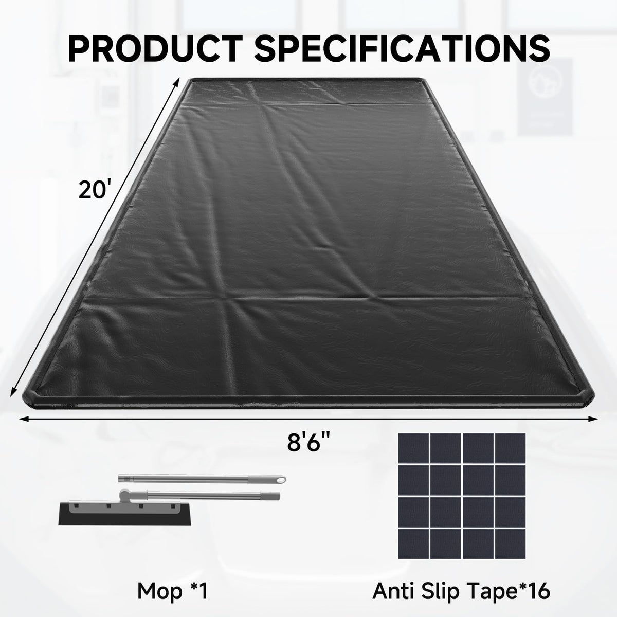 SUNYRISY 8'6" x 20' Containment Garage Floor Mat Under Car, Heavy Duty Waterproof Garage Carpet Floor Protection Non-Slip Parking Mat with Squeegee for Cars SUVs Trucks