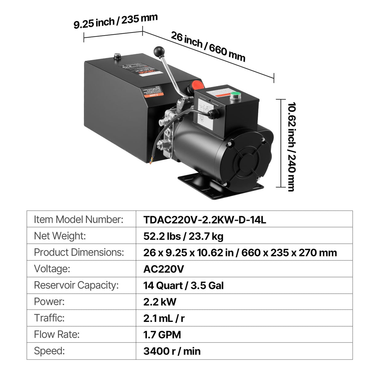 VEVOR 14 Quart Hydraulic Power Unit, Single Acting Steel Dump Trailer Pump, 3200 PSI Max Relief Pressure & 1.7 GPM Flow Rate, 220-240V Hydraulic Pump with Metal Reservoir for Dump Trailer Car Lifting