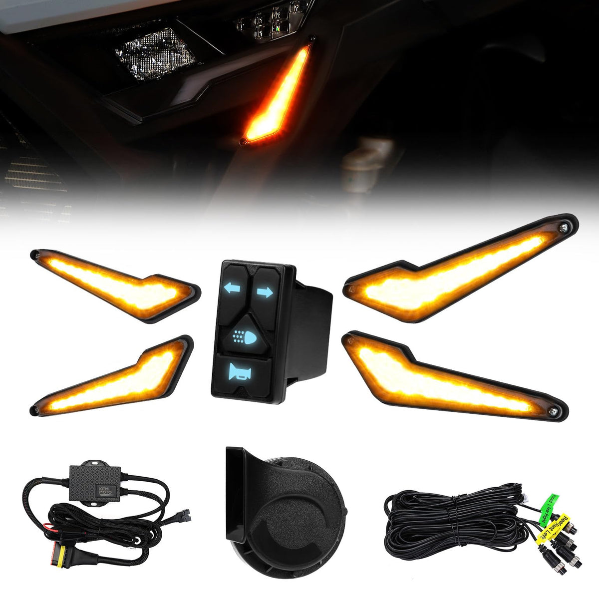 KEMIMOTO Triangle UTV Turn Signal Kit with Horn, and Integrated Switch, Pre-Wired, Plug and Play UTV ATV Blinker, Universal Street Legal Turn Signals Compatible with Polaris, Can-Am, Teryx, CFMOTO