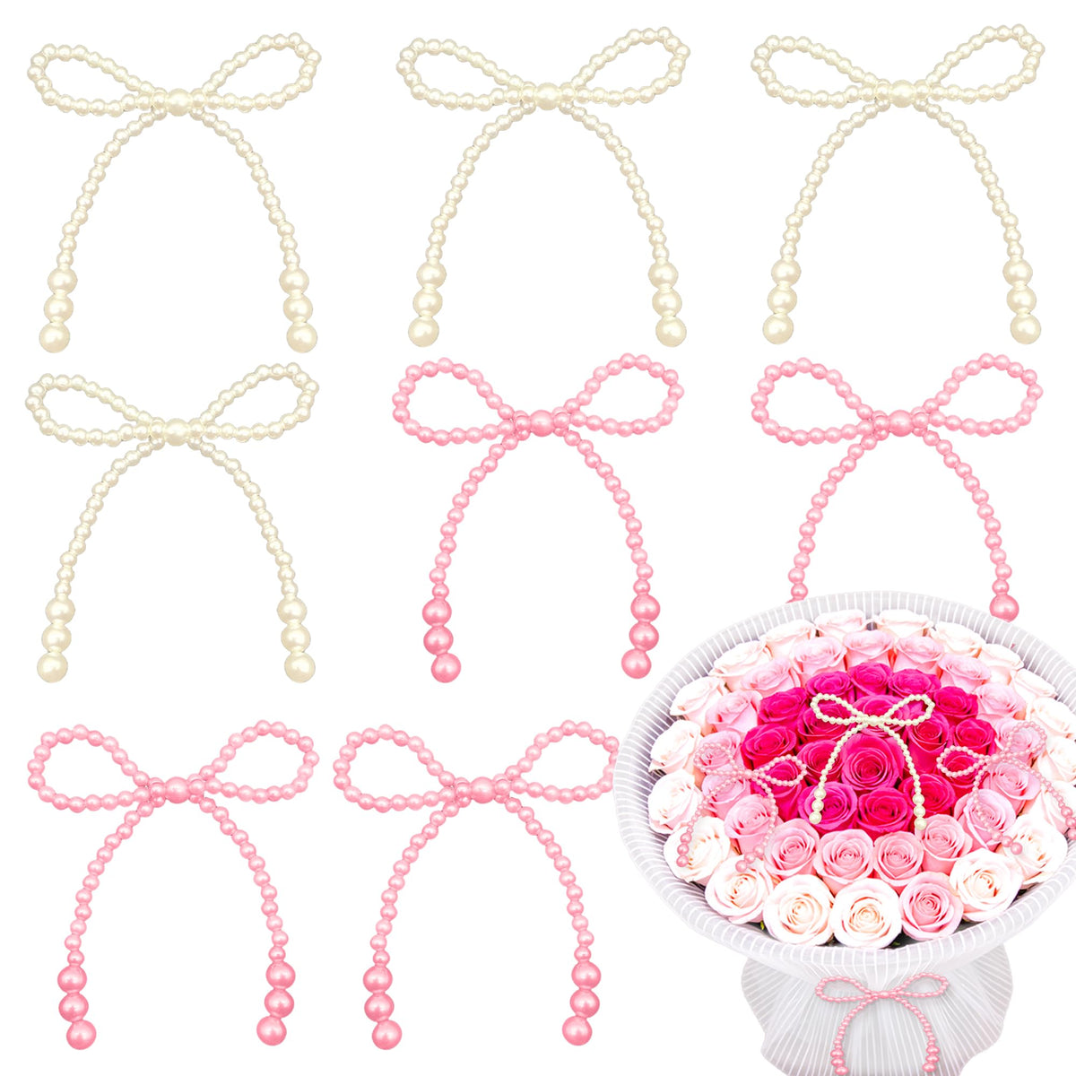 8PCS Pink White Pearl Bow Decoration for Bouquets Pearl Bow Cake Decor Topper Beaded Bridal Shower Decoration for Wedding Bridal Shower Birthday Gift Wrapper