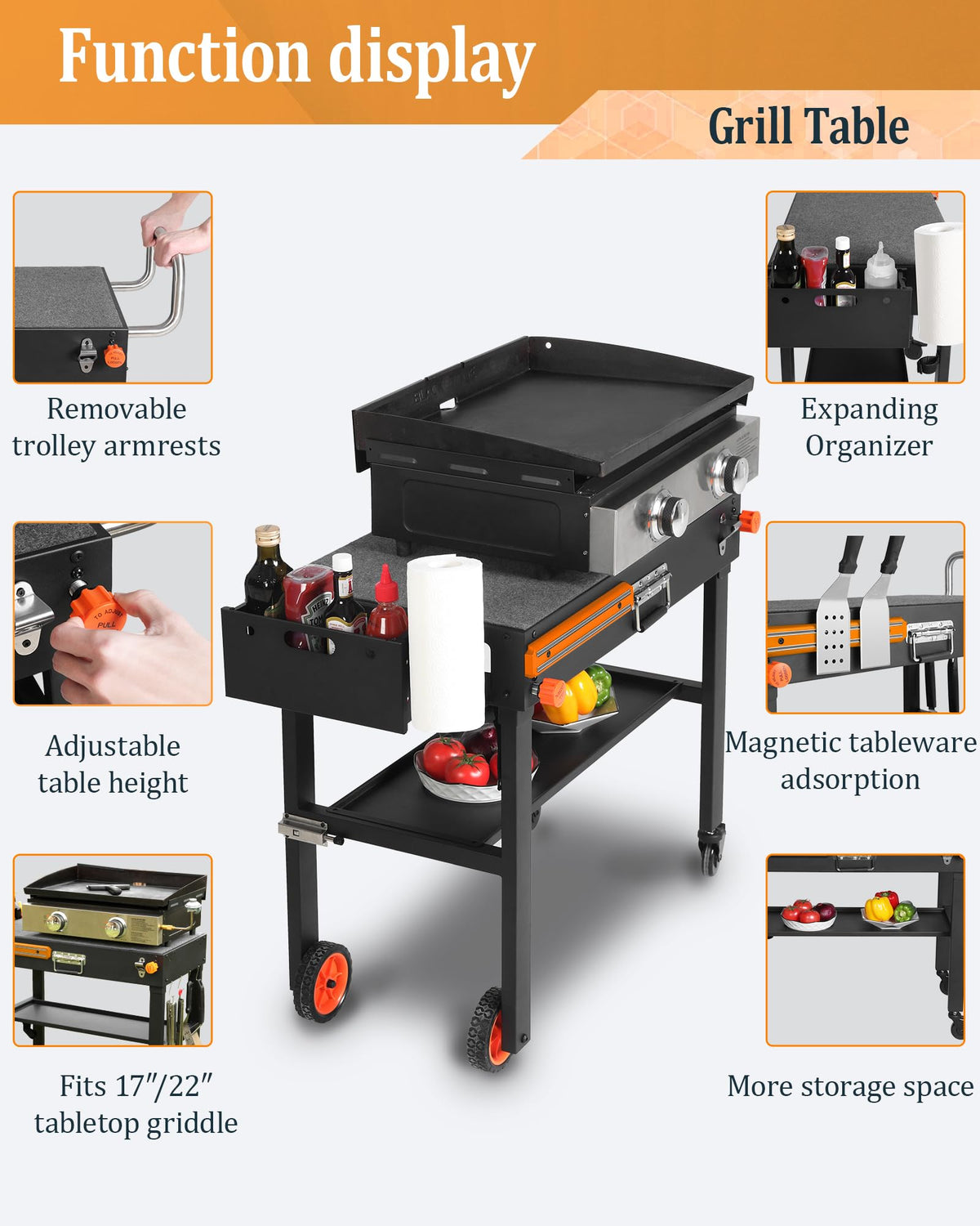 JiRiCHMi Grill Table For Blackstone Griddle 22 and 17 Inch, Grill Carts Outdoor With Wheels, Heavy-Duty Grill Stand, Foldable Quickly Blackstone Stand Suitable for Travel/Camping And Outdoor Meals