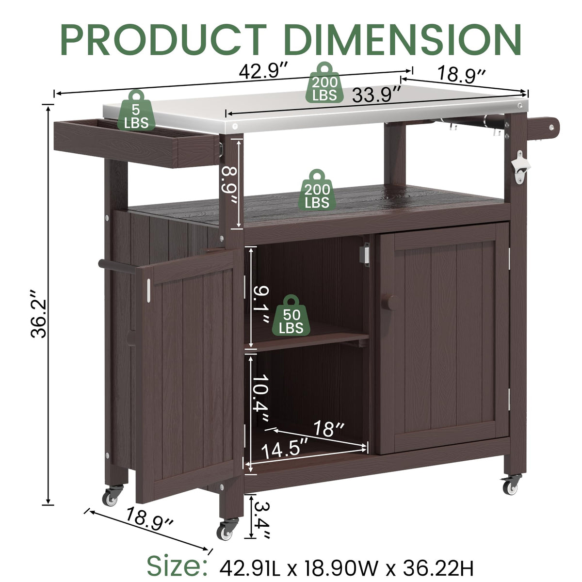 Sunnibety Weatherproof HIPS Outdoor Kitchen Island with Stainless Steel Top & Storage Cabinet, Movable Prep Table with Wheels for BBQ Food Prep, Outdoor Grill Cart for Parties, Brown