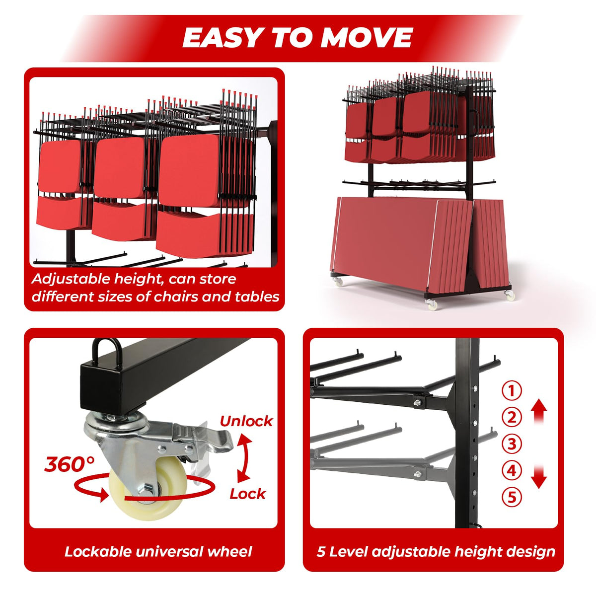 Folding Chair Rack, Heavy-Duty Folding Chair Cart with Storage Rack, 800 LBS Capacity Dual-Layer Chair Storage Dolly Holds 84 Folding Chairs or 42 Chairs+12 Table with Waterproof Cover