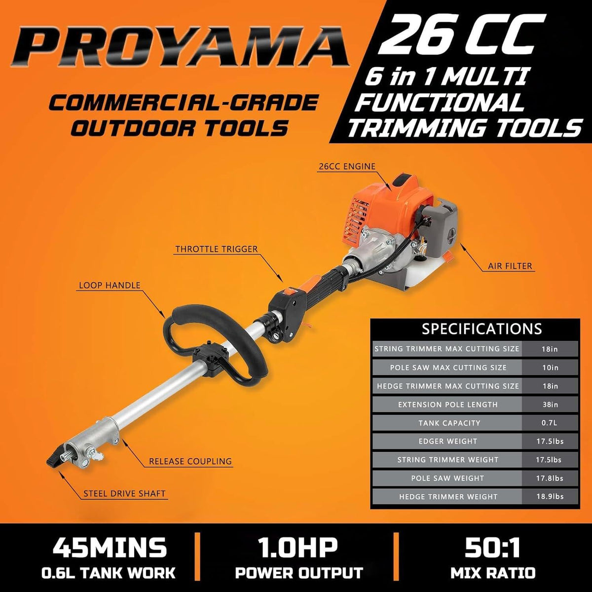 PROYAMA 26cc 6 in 1 Multi Functional Combo Kit, 2 Cycle Gas Powered Hedge Trimmer, Weed Eater Wacker, String Trimmer, Brush Cutter, Edger with 3.3FT Extension Rod