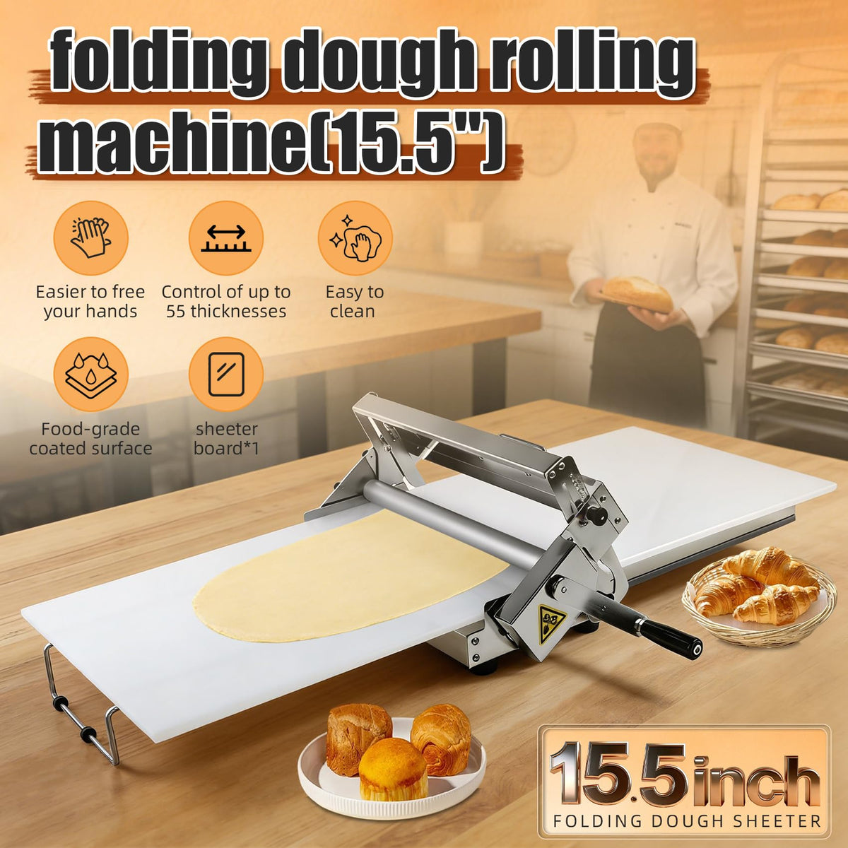 Folding Dough Sheeter (15.5")，Dough Sheeter，Manual Dough Sheeter，Commercial Dough Roller Sheeter，55 thickness options，Suitable for pizza, croissants, puff pastry, Stainless Steel（1 Rolling Boards）