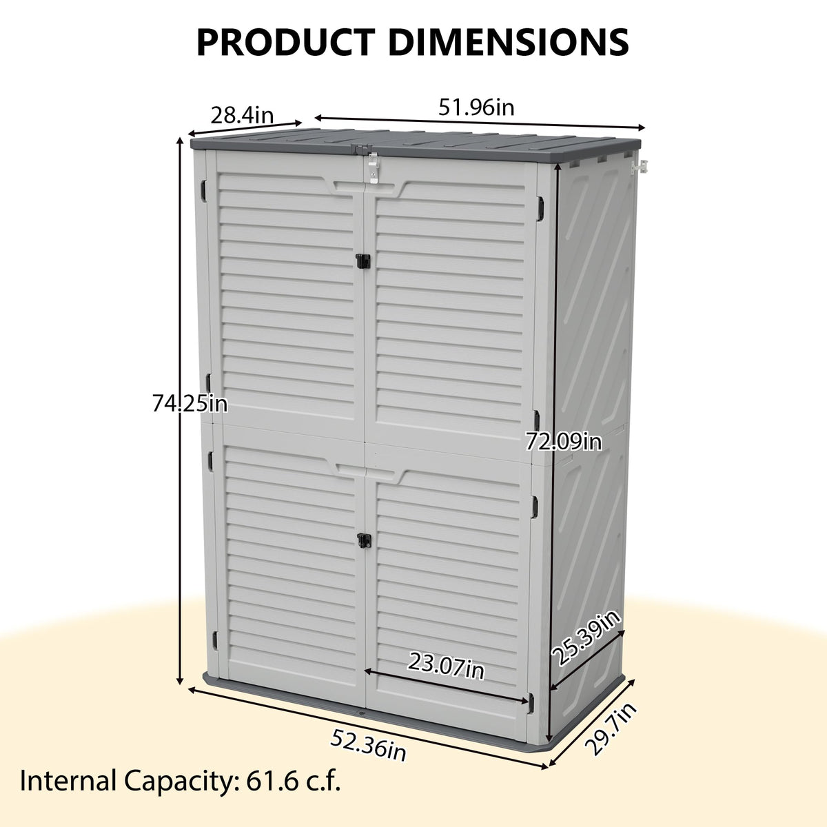 KEIKI Outdoor Storage Shed, Lockable Resin Storage Cabinet with Floor, Weather Resistant Tall Garden Shed for Tools, Patio Cushions, Lawn Equipment Backyard 61 cu. ft, White