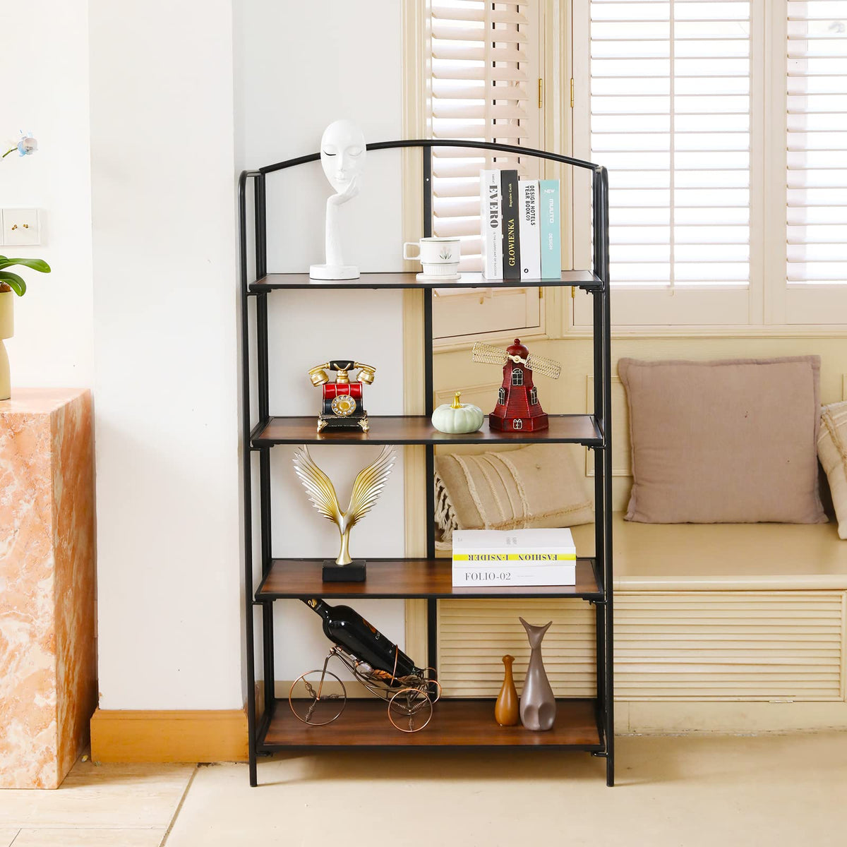 Crofy No Assembly Folding Bookshelf for Living Room, 4 Tier Black Collapsible Book Shelf for Home Office, Portable Bookcase Storage Organizer