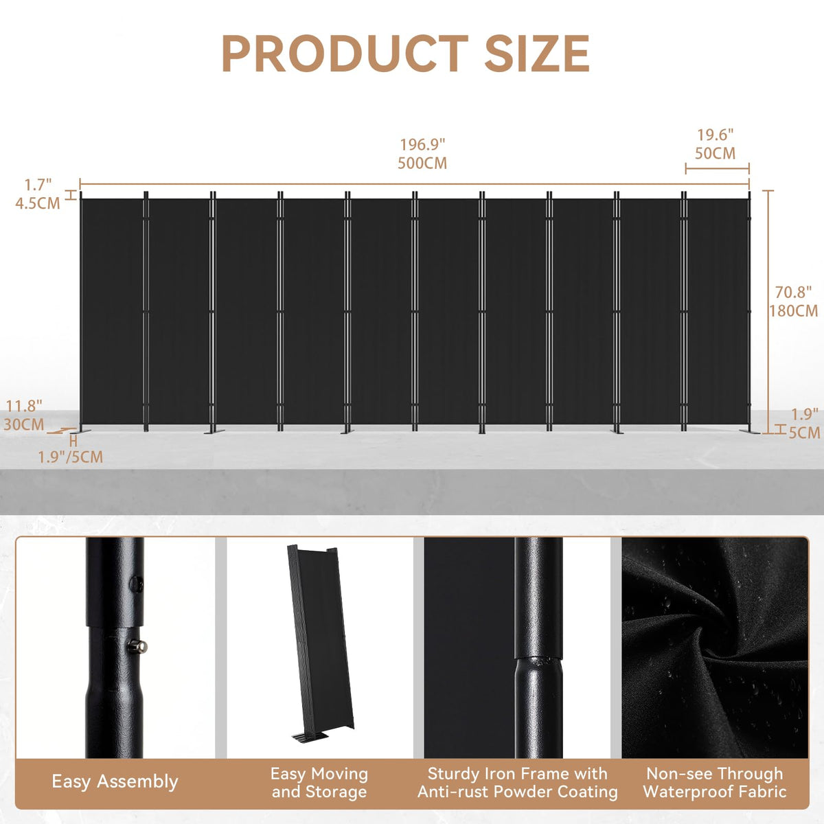 C-Hopetree 10 Panels Room Divider, 6 Ft Tall Indoor Folding Privacy Screen, Portable Partition Separator, Freestanding Separation Temporary Wall for Office, Bedroom, 197" W X 71" H, Black