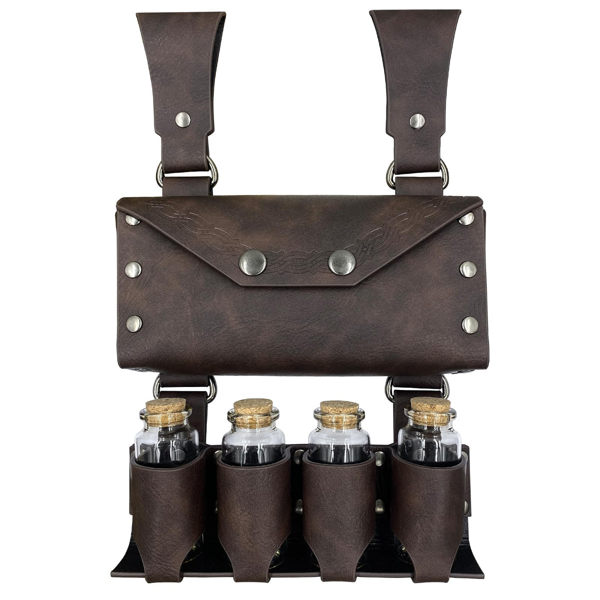 HiiFeuer Medieval Alchemy Faux Leather Belt Bag with 4 Cork Potion Vials, Fantasy Wizard Waist Pouch Side Pack for Ren Faire (Brown A)