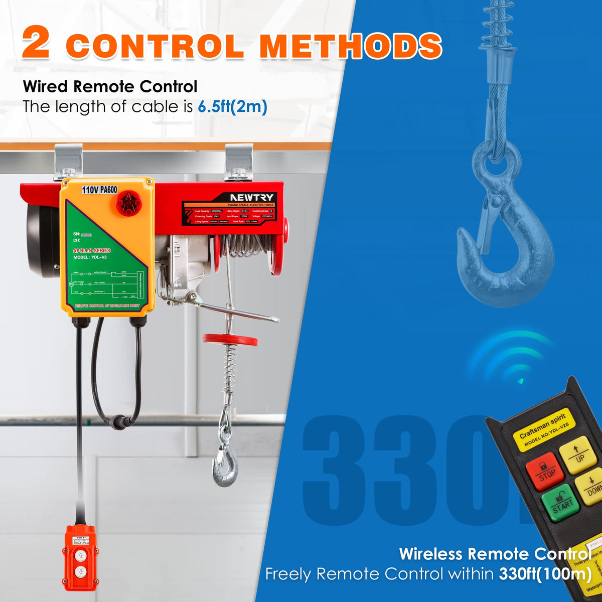 NEWTRY 1320lb & 660lb Electric Hoist Winch, 1200W Wireless/Wired Control 2 in 1, 110V Single & Double Slings Portable Hoist Winch for Garage Factories Warehouse