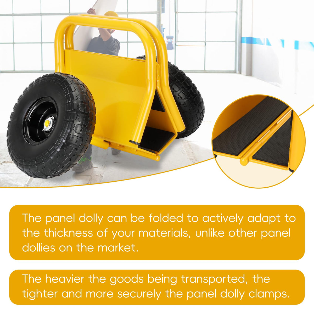 Heavy Duty Panel Dolly Slab Dolly Two Comfortable Handles 10 Inch Solid Rubber Tires Supports Up to 1000 Pounds All Terrain Movement Ideal for Heavy Drywall Sheets and Door Material Transport (Yellow)