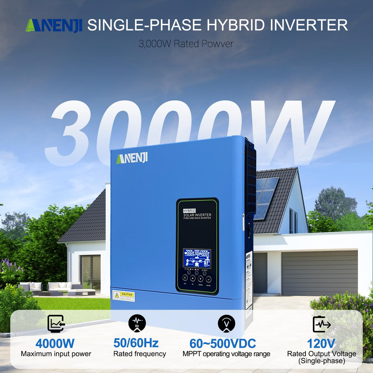 Aninerel 3000W Hybrid Inverter, 24Vdc to 110Vac Solar Inverter Charger Built-in 80A MPPT Controller, Pure Sine Wave PV Power Converter, Supports Battery-Less or AGM Lithium Battery