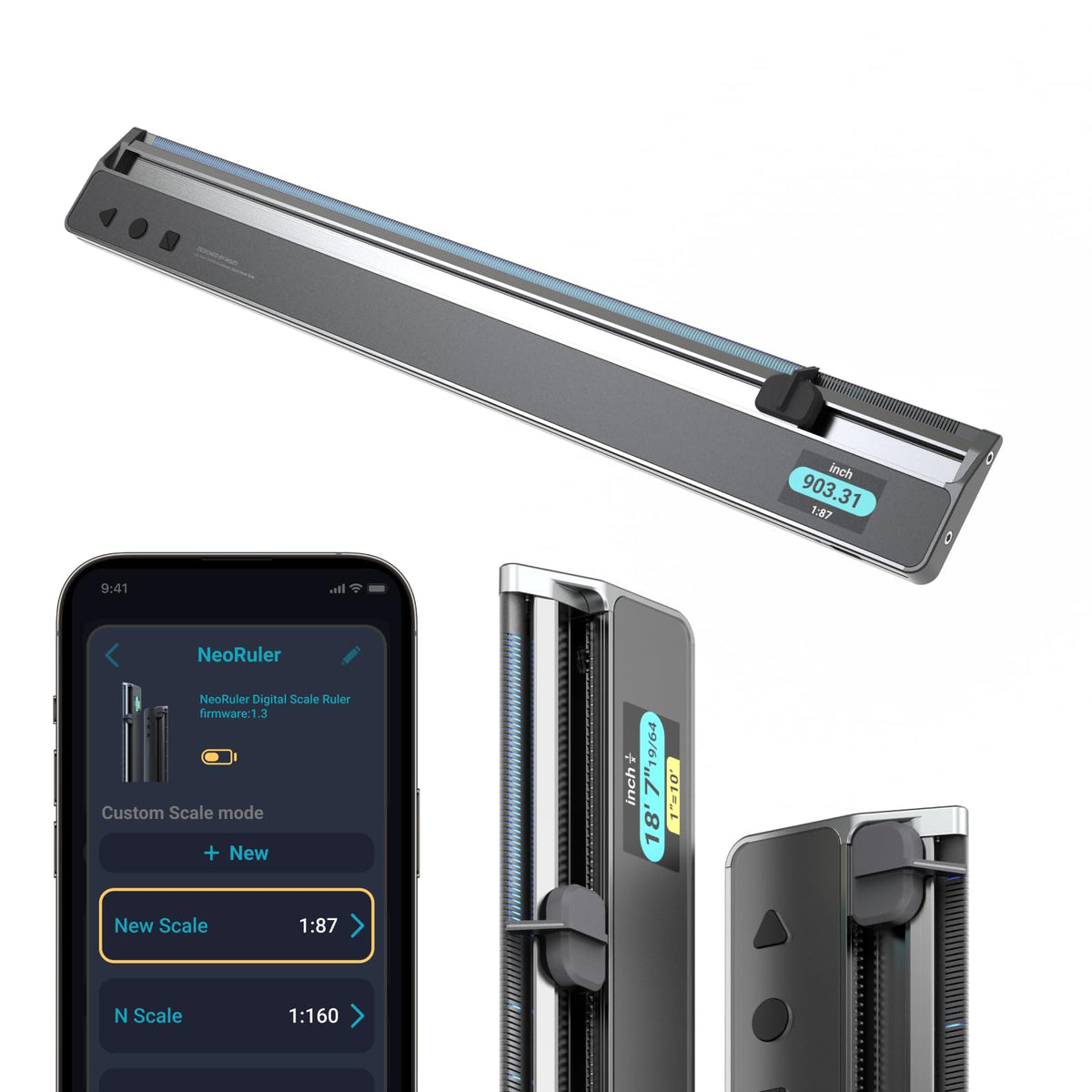 HOZO NeoRuler Digital Scale Ruler, 12 inch Smart Scale Ruler with Infinite Customized Scales and ±0.004 inch Accuracy, 93 Built-in US Imperial, Metric Scales, Architectural and Engineering