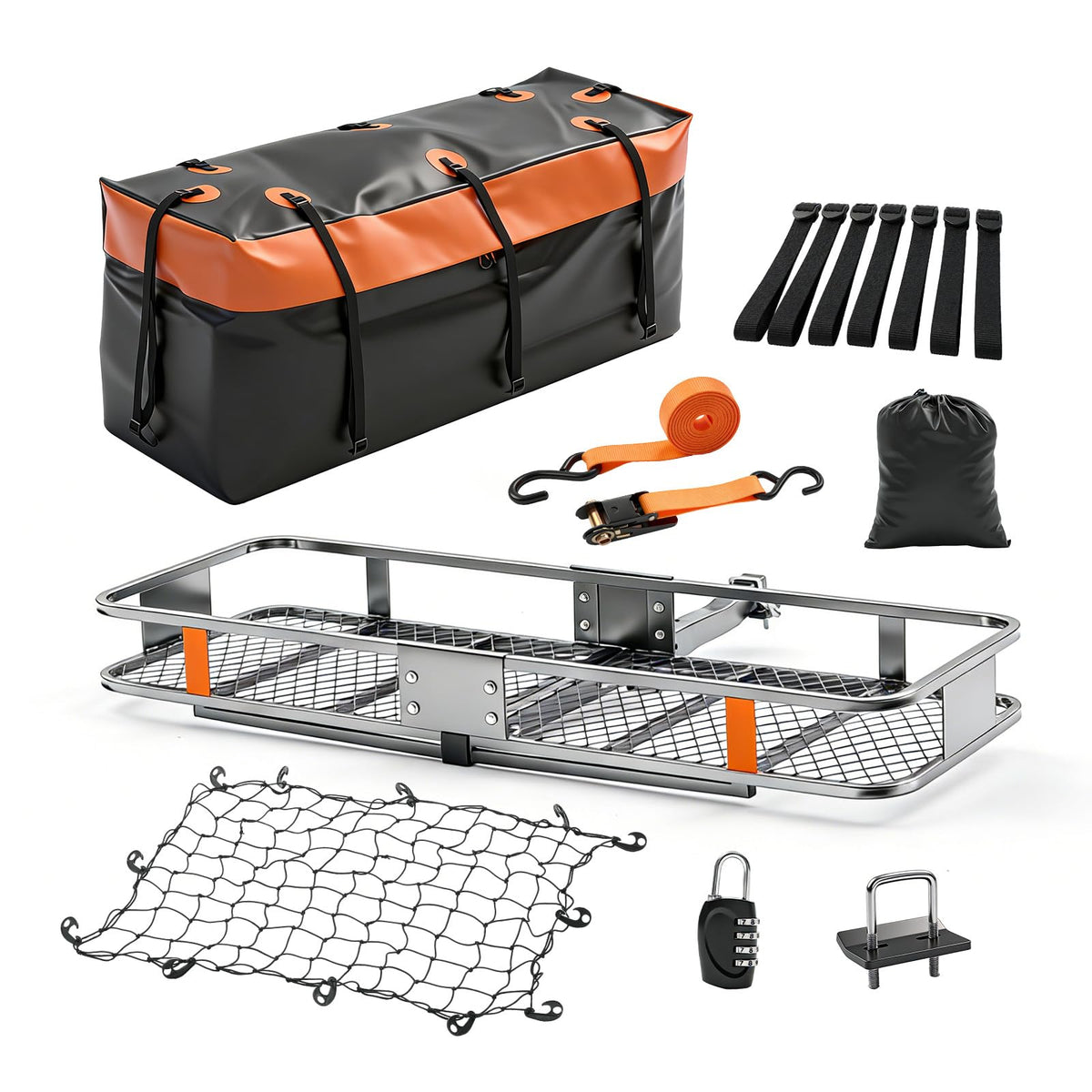KMFurnila Folding Hitch Mount Cargo Carrier, 60.1" x 20" x 6" Steel Rack with 500 lbs Capacity, Includes Waterproof Bag, Combination Lock, Cargo Net, Straps and Hitch Stabilizer
