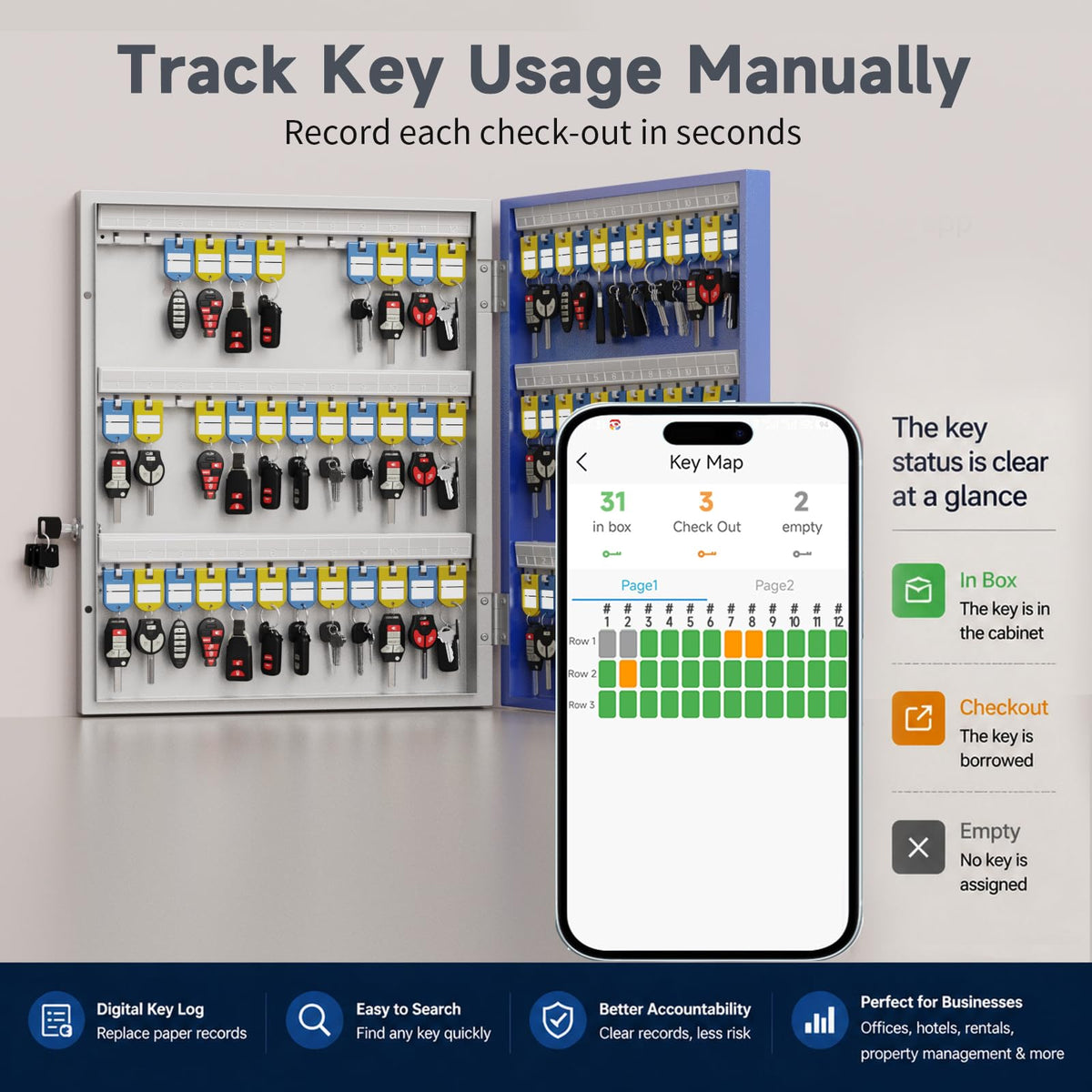 WeHere 72-Key Smart Key Lock Box, Wall-Mount Key Cabinet with Key Management App(Track Key Borrow/Return), Keypad, Bluetooth & WiFi Unlock (Sold Separately) for Commercial, School, Rental, Office