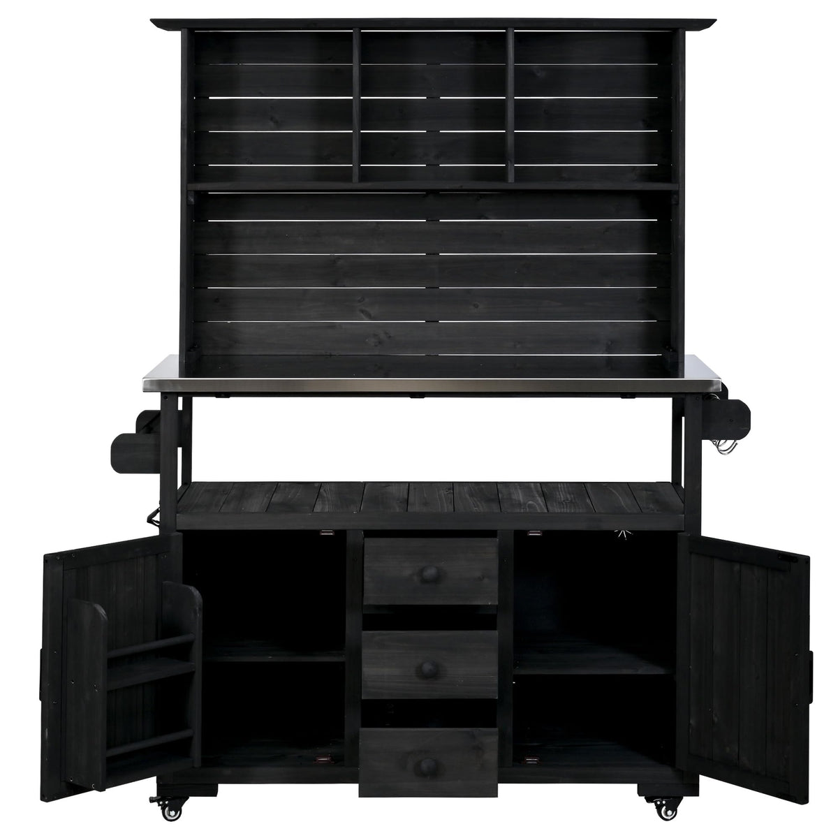 GDFStudio Preden Outdoor Storage Bench Table with Cabinet, Patio Wooden Potting Bench, Garden Storage Work Bench with Stainless Steel Top, Drawers, Cabinets, Shelves and Hooks, Kitchen Island, Black