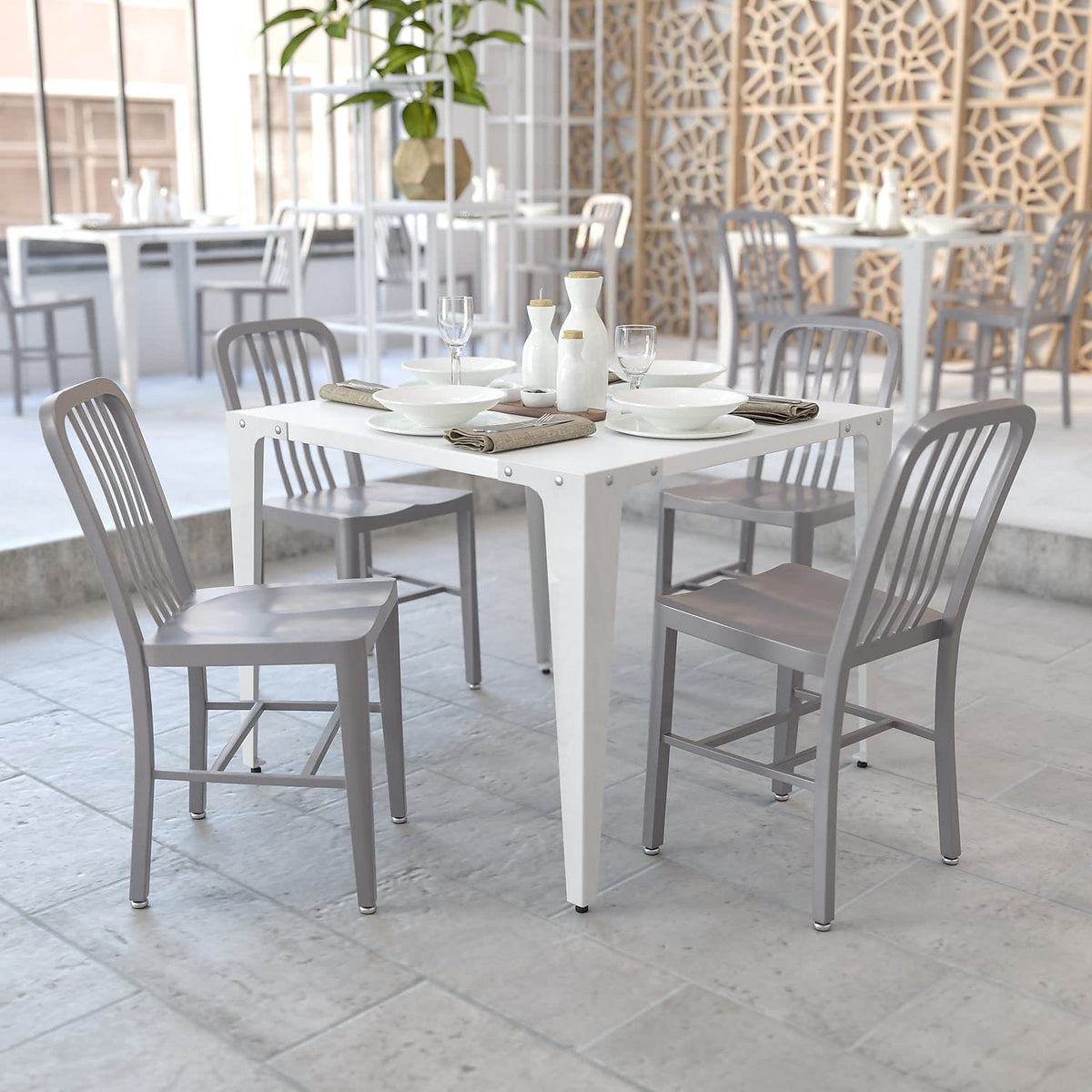 Flash Furniture Gael Indoor/Outdoor Modern Metal Dining Chairs, Commercial-Grade Galvanized Steel Restaurant Chairs, Set of 2, Silver