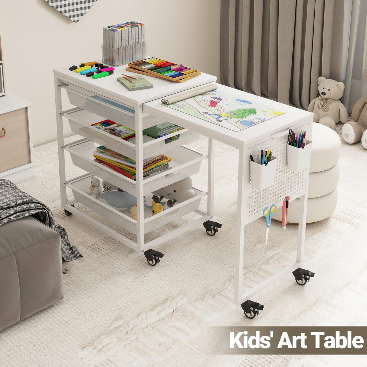 Rolling Craft Storage Cart with Wheels & Mesh Drawers, Extendable Craft Table with Pegboard Organizer, Muti-Functional Work Table for Sewing, Arts and Crafts, Scrapbooking Storage,3D Printers (White)
