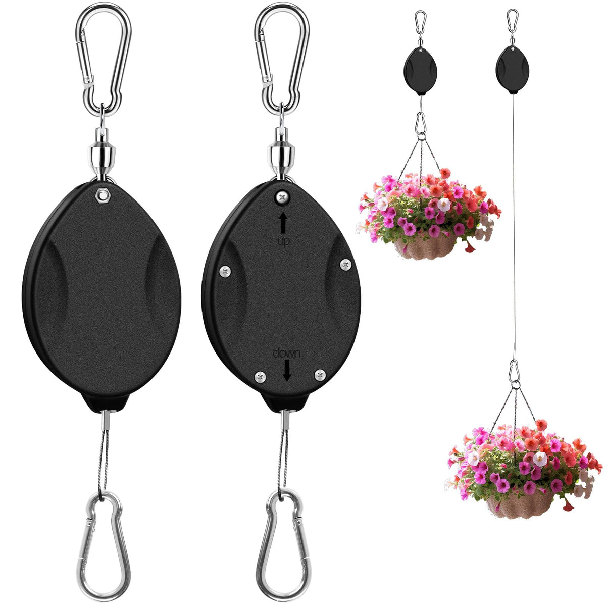 ZUZUAN 2Pcs Upgraded Heavy Duty Retractable Plant Hanger,Plant Pulleys for Hanging Plants,Easy to Raise and Lower,Auto Lock,Adjustable Hook for Garden Baskets Pots,Birds Feeder and Wind Chime,Black