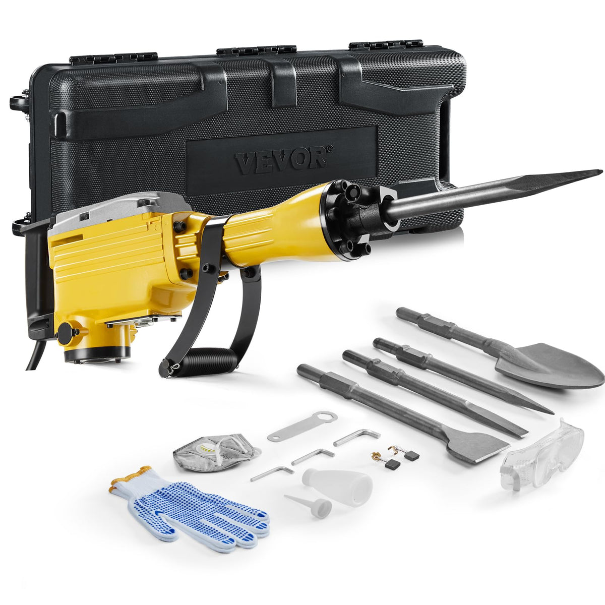 VEVOR Demolition Jack Hammer, 2200W 1350 BPM Jack Hammer Concrete Breaker, Heavy Duty Electric Jack Hammer 4pcs Chisels Bit with Gloves, 360° Swiveling Front Handle for Trenching and Breaking Holes