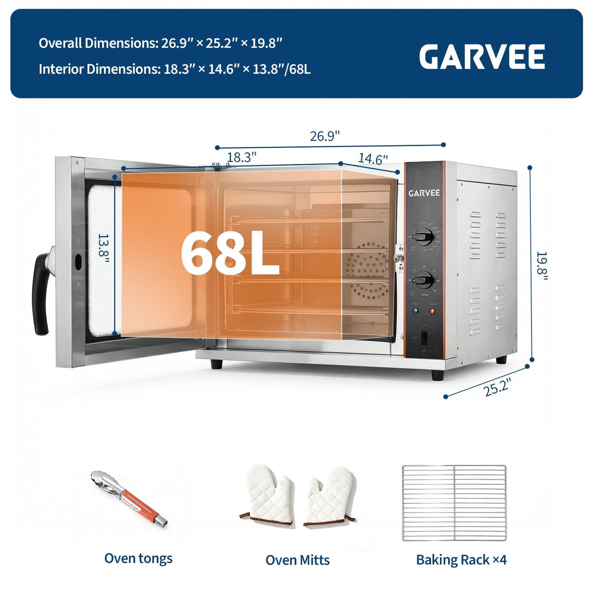 Commercial Convection Oven 2.3 Cu.ft, 2400W High Power 4-Tier Countertop Oven, 68L/60Qt, Stainless Steel Baking Electric Oven with 4 Trays & Timer & Clip Gloves, 120V, for Restaurant Shop