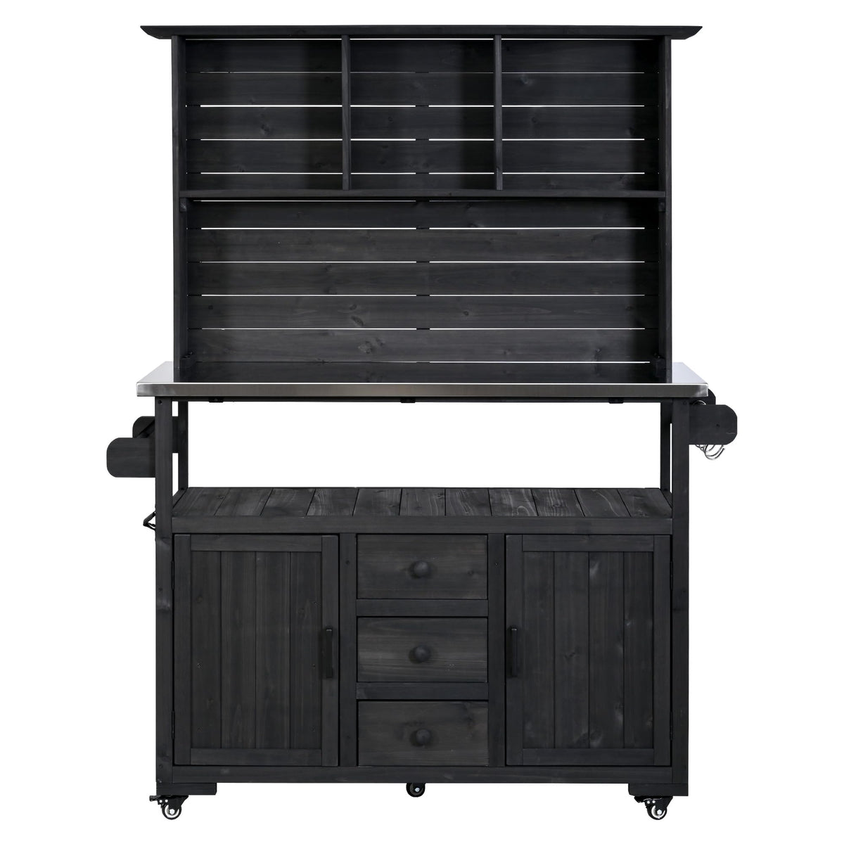 GDFStudio Preden Outdoor Storage Bench Table with Cabinet, Patio Wooden Potting Bench, Garden Storage Work Bench with Stainless Steel Top, Drawers, Cabinets, Shelves and Hooks, Kitchen Island, Black