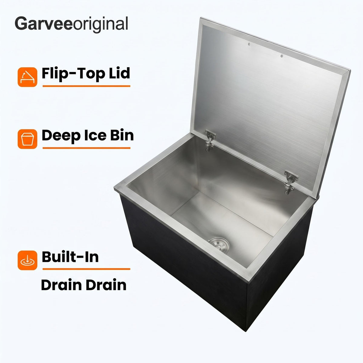 Garvee 20”Drop in Ice Chest 107.5L Built-in Cooler, Stainless Steel Outdoor Kitchen Ice Bin with Lid & Drain, Insulated Bar Ice Storage for Patio, BBQ, Restaurant Beverage Station