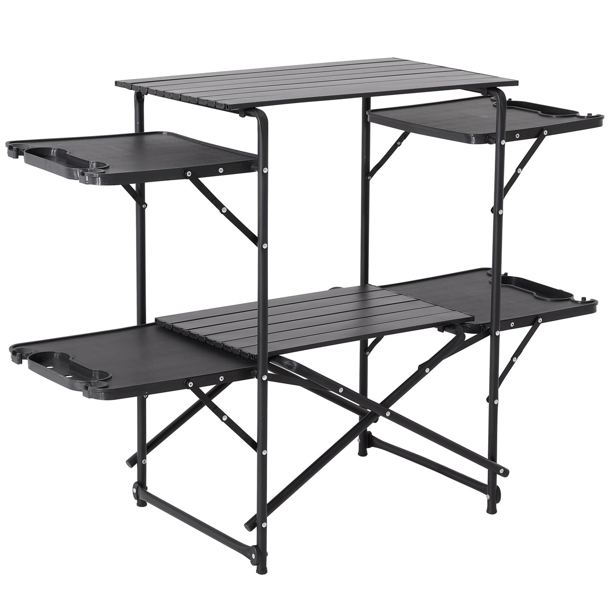 Foristrail Slim-Fold Camping Kitchen Table, Metal Folding Portable Outdoor Cook Station with 4 Side Tables, 2 Storage Shelves & Carrying Bag, Heat Resistant Quick Set-Up for Picnic BBQ