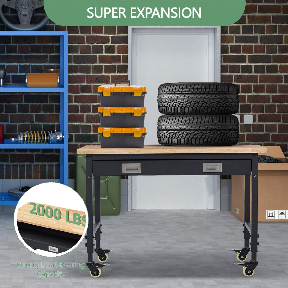 48" Work Benches for Garage, Adjustable Workbench with Wheels, Drawers, Power Outlet & Rubber Wood Top, 2000LB Tool Bench Shop Table for Woodworking, Office, Home (48x24 Inch with Drawer)