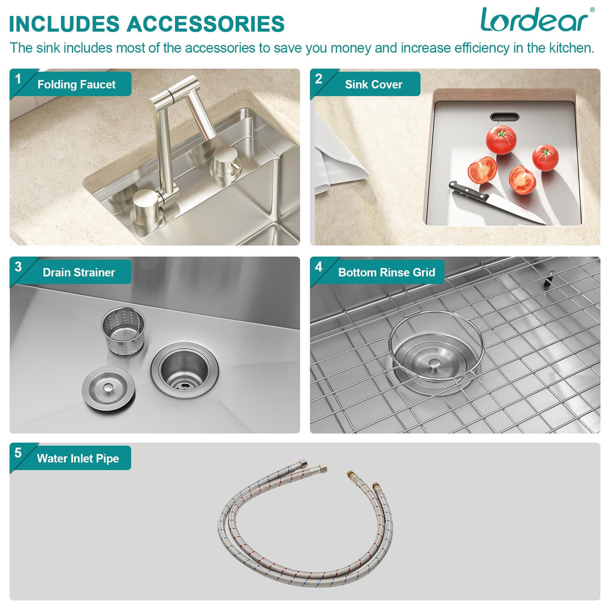 Lordear 15x17 Indoor Outdoor Kitchen Sink with Foldable Faucet Samll Bar Prep 16 Gauge T304 Stainless Steel Single Bowl Basin for Island Camper Wet Bar Prep Mobile Home