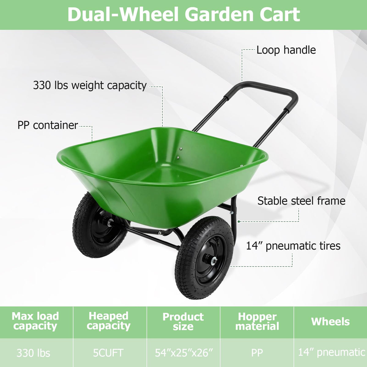 ERGOMASTER Dual-Wheel Wheelbarrow, Home Utility Garden Cart, Large Heavy Duty Yard Cart for Gardening (Bright Green)