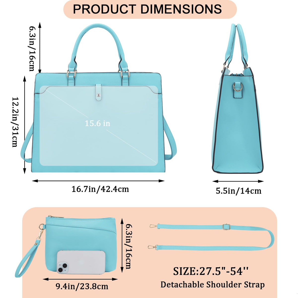 YZAOLL 15.6 Inch Vegan Leather Laptop Bag for Women Lightweight Water-Resistant Work Tote Briefcase for Travel,College,Office JBlue
