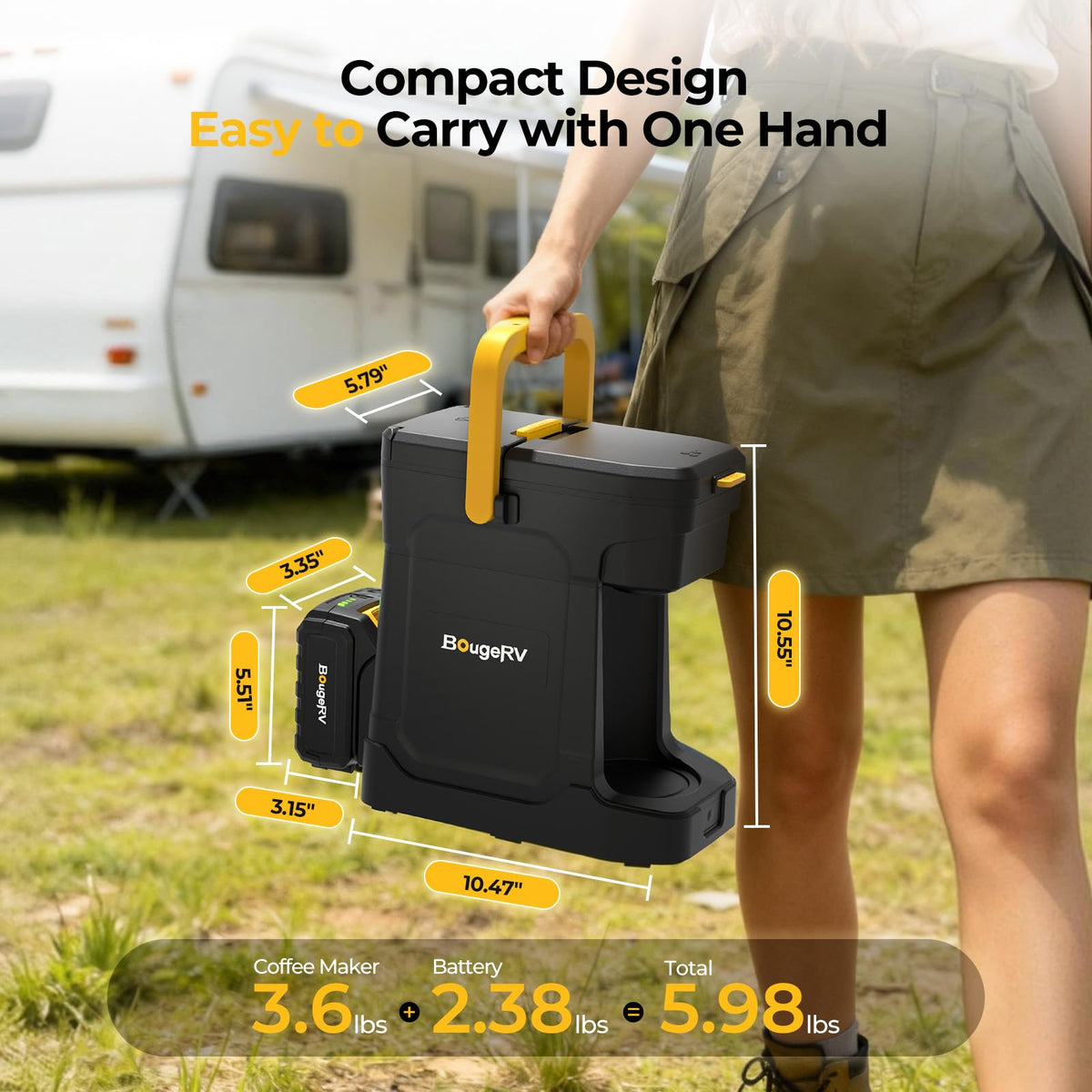 BougeRV Coffee Maker with 18V 8Ah Battery Powered Compatible with K Cup Coffee Pods & Ground Coffee, Portable Coffee Maker Cordless with AC/DC Power for Travel, Camping, Outdoor, Jobsite, RV, Home