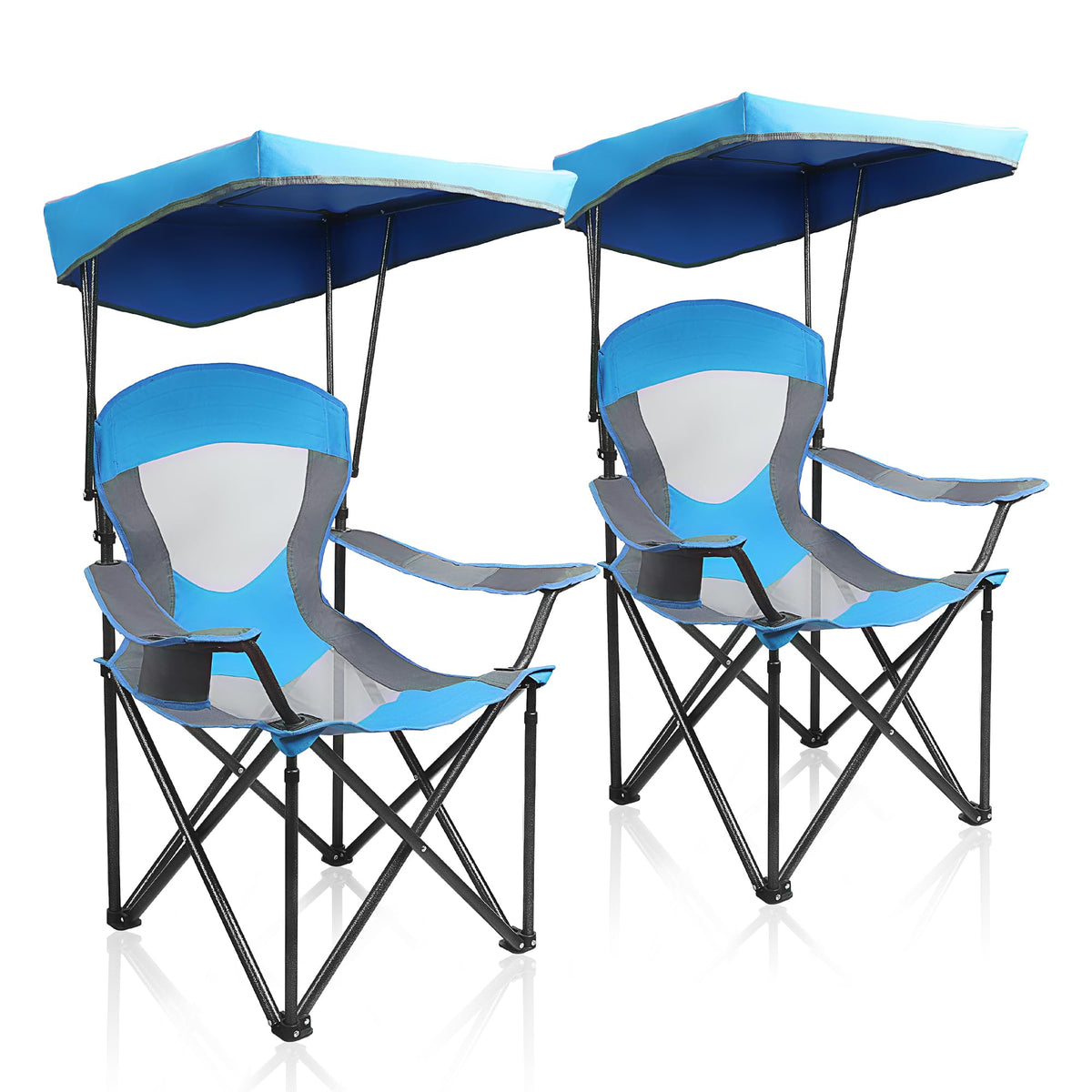 ALPHA CAMP Heavy Duty Canopy Camping Chair, 350 lbs Capacity Oversized Folding Chair with Adjustable Sunshade, Portable Sunshade Chair with Cup Holder for Beach, Fishing, Outdoor,2PC, Enamel Blue
