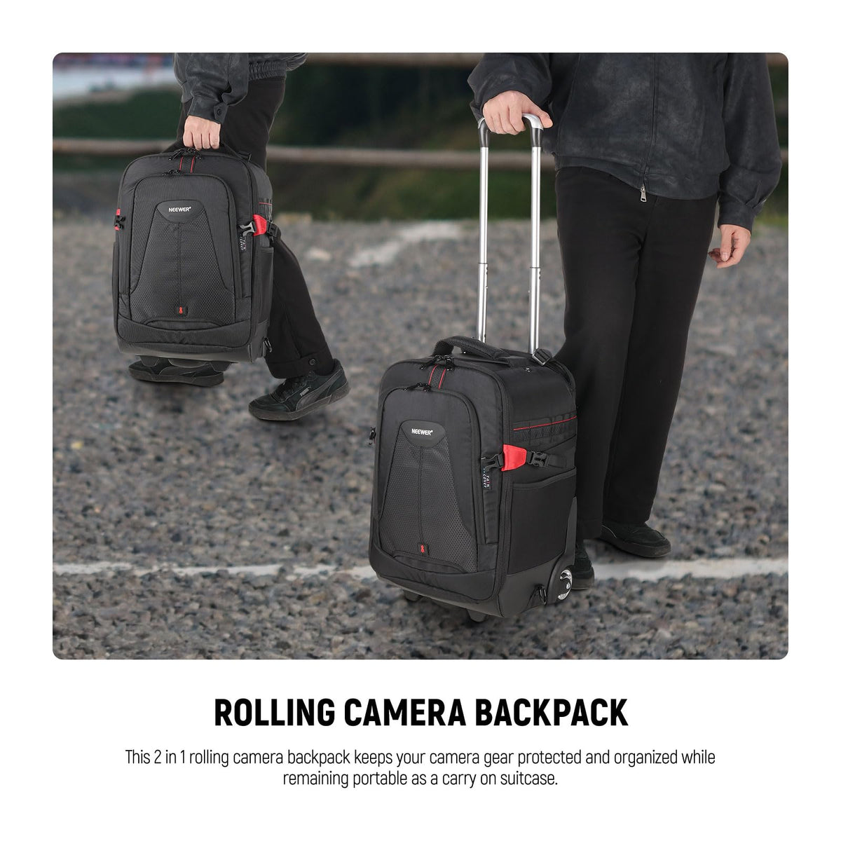 Neewer 2-in-1 Rolling Camera Backpack Trolley Case - Anti-Shock Detachable Padded Compartment, Hidden Pull Bar, Durable, Waterproof for Camera,Tripod,Flash Light,Lens,Laptop for Air Travelling(Black)