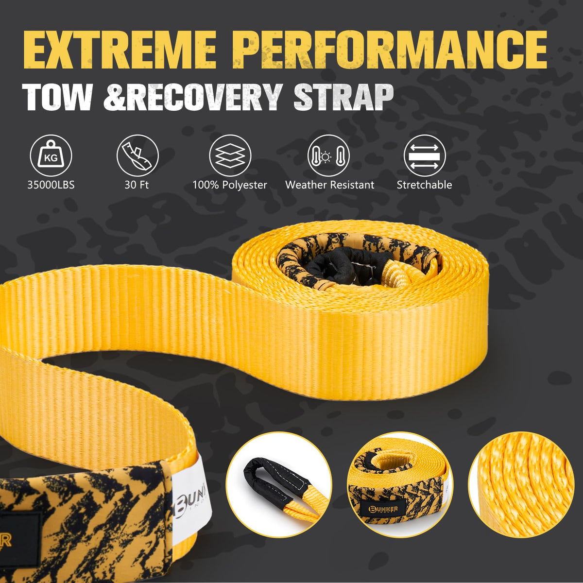 BUNKER INDUST Offroad Traction Boards with Jack Base (Orange) + 3" x 30ft Recovery Straps + Pair 3/4 D Ring Shackles + Bag 35,000 lbs Tree Saver Winch Strap